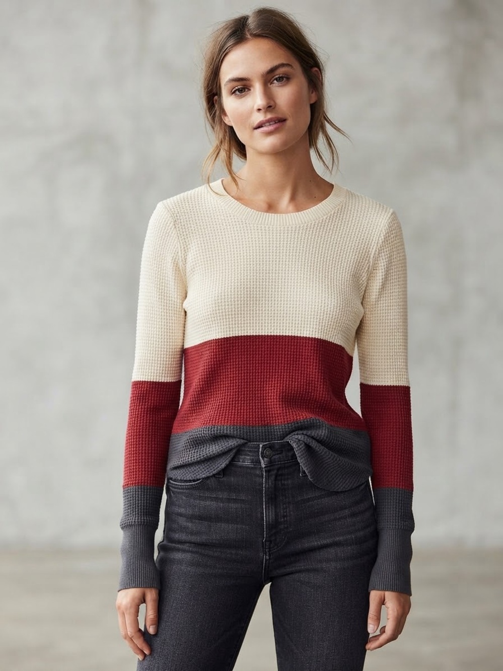 Kismet Bootlegger Maria Waffle Knit Colorblock Crewneck Sweater Size L NWT